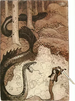 Herói e Dragão-Serpente - Arte de John Bauer
