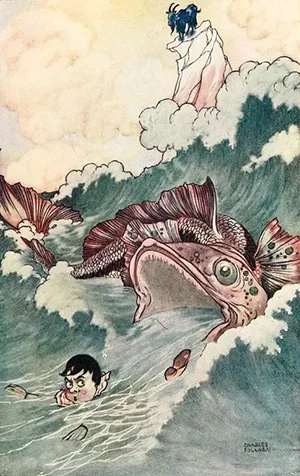Pinóquio e o Monstro Marinho - Arte de Charles James Folkard