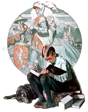 Menino lendo história de aventura - Arte de Norman Rockwell (1923)