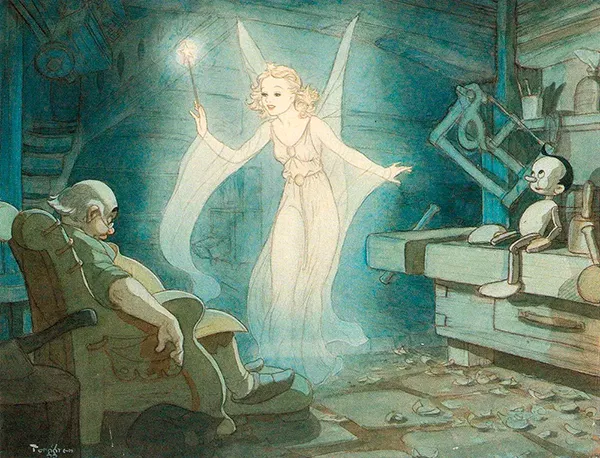 Pinóquio, Geppetto e Fada Azul - Arte de Gustaf Tenggren