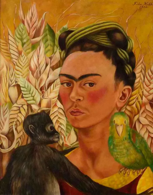 Autorretrato com Macaco e Papagaio - Pintura de Frida Kahlo