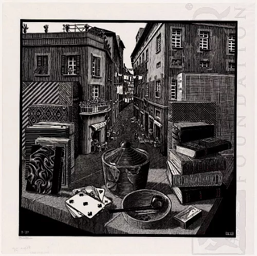 Natureza Morta e Viela (1937) - Xilogravura - M. C. Escher