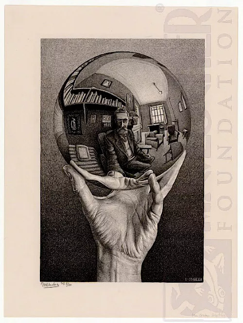 Mão com Esfera Reflexiva (Autorretrato em um Espelho Esférico) (1935) - Litogravura - M. C. Escher